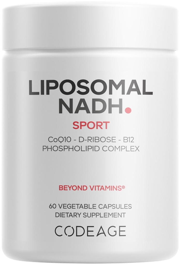 Codaj Liposomal NADH+ Supliment - NADH, vitamina B12, D-Riboză ca Riboză Bioenergie, CoQ10-2-Livrare lunară - Livrare lipozomală - β-Nicotinamidă Adenină Dinucleotidă pastile - Non-GMO - 60 capsule