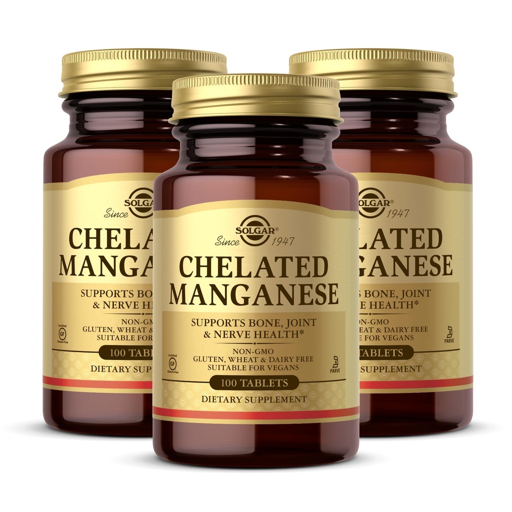 Solgar Chelated Mangan - 100 comprimate, pachet de 2 - Suportă Bone, Joint & Nervi Sănătate - Non-GMO, Vegan, Gluten Free, Dairy Free, Kosher - 200 Total Serviri