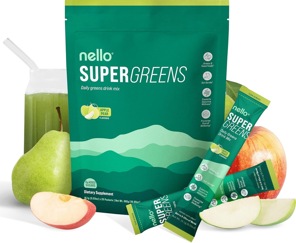 Nello Supergreens Superfood Drink Mix cu Chlorella, Moringa, Spanac, Broccoli, Enzime Digestive, și Probiotics 