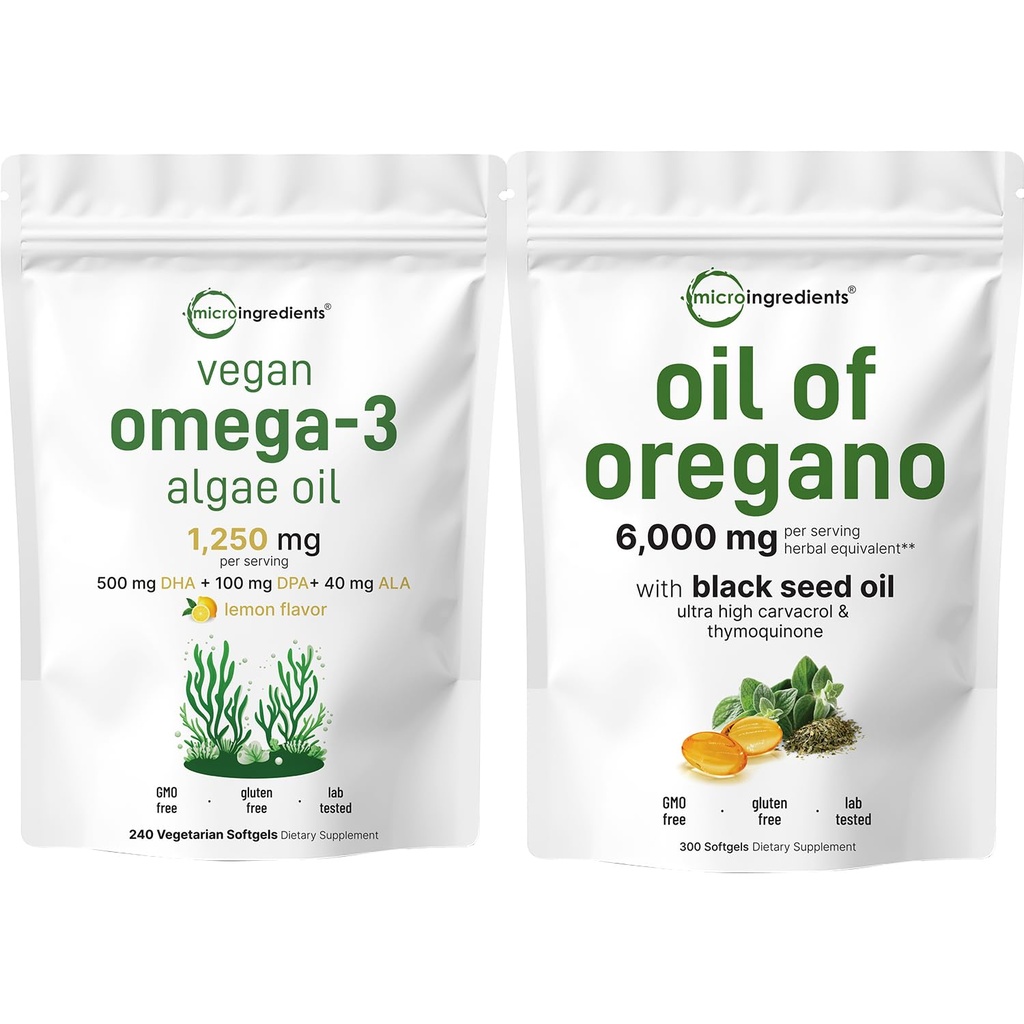 Micro Ingrediente Ulei de Oregano Softgels 300 Count & Vegan Omega 3 Algae Suplimentul de ulei Bundle 2 Pachet 