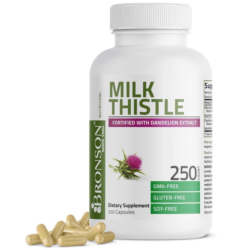 Bronson Milk Thistle Silymarin Marianum & Dandelion Root Health Support, Antioxidant Support, Detox, 250 Capsule