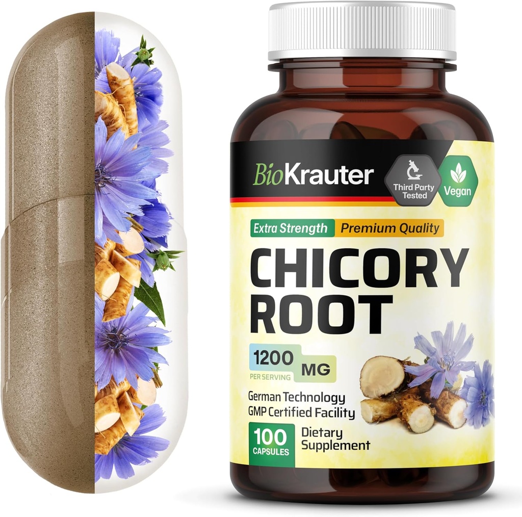 BIO KRAUTER Cicoare Fibră Supliment - 1200 mg Concentraţie - 100 Conte - Ciocolată Root pulbere - Capsule Inulin pentru suport digestiv - Vegan