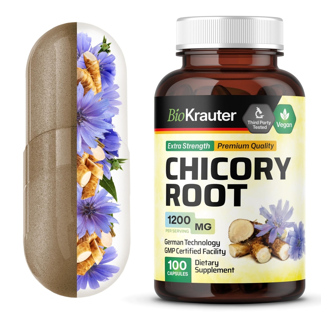 BIO KRAUTER Cicoare Fibră Supliment - 1200 mg Concentraţie - 100 Conte - Ciocolată Root pulbere - Capsule Inulin pentru suport digestiv - Vegan
