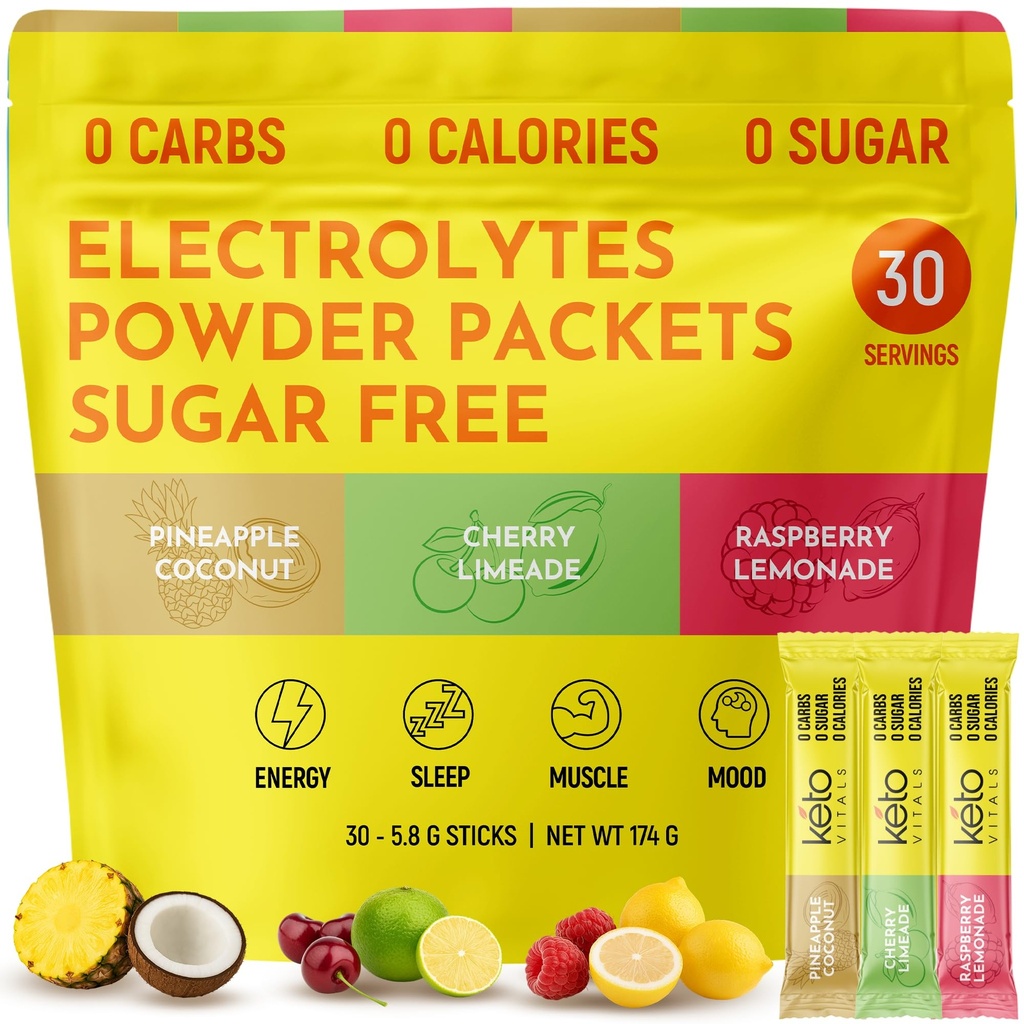 Keto Vitals Tropical Keto Electrolits Pulbere fără zahăr - Electroliţi cu Potasiu, Magneziu, Sodiu, & Calciu - Pachete cu pulbere Electrolitică fără zahăr Drink Mix & Hydration Powder, 30 Servings