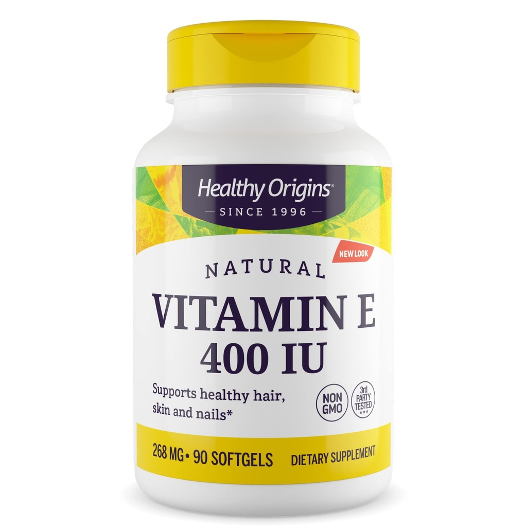 Origine sănătoasă Vitamina E 400 UI (naturală, fără GMO, fără gluten, suport pentru piele, suport cardiovascular), 90 Softgels