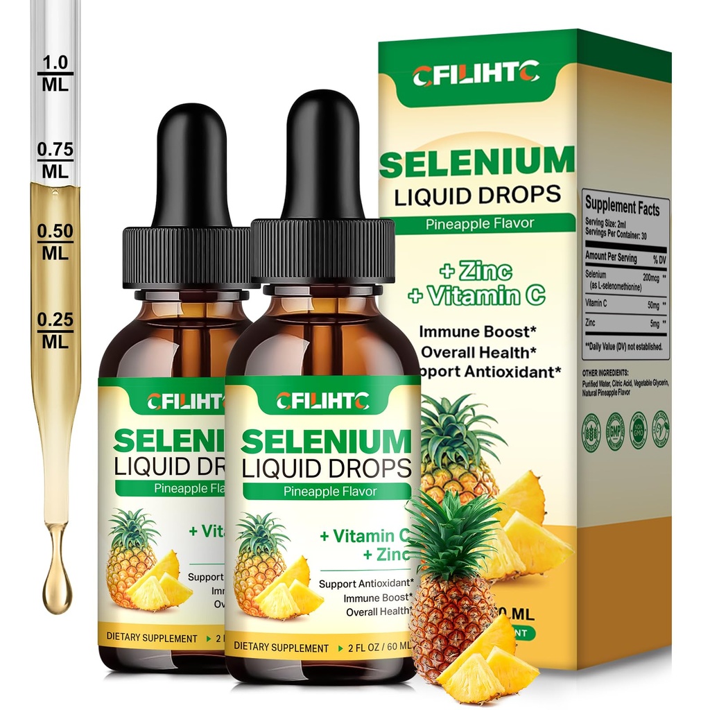 2 Pack Seleniu Picături lichide, 200mcg Seleniu lichid Supliment cu vitamina C & Zinc, Suport pentru sistemul imunitar, Antioxidant & Heart Health, Absorbție ridicată, Aroma Ananas