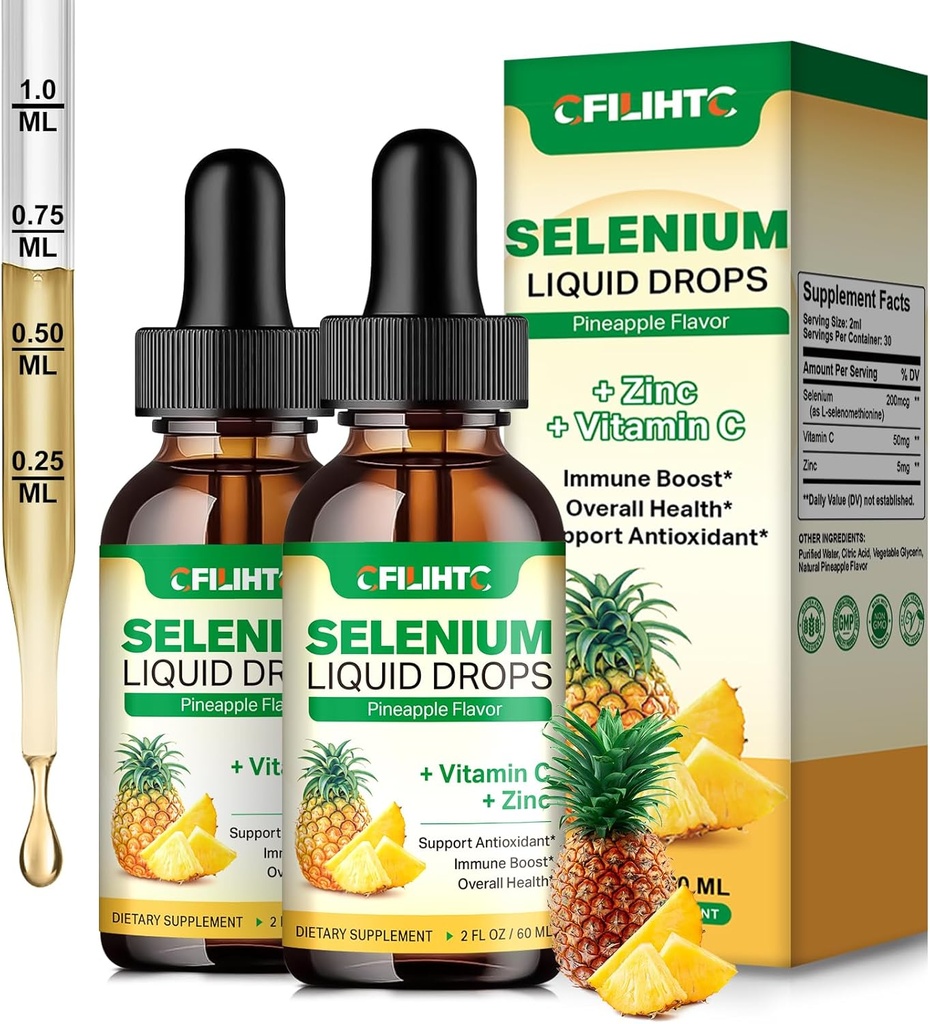 2 Pack Seleniu Picături lichide, 200mcg Seleniu lichid Supliment cu vitamina C & Zinc, Suport pentru sistemul imunitar, Antioxidant & Heart Health, Absorbție ridicată, Aroma Ananas