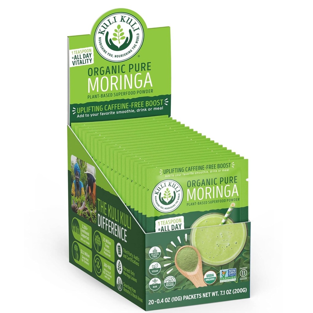 Kuli Kuli Moringa Oleifera Organic Leaf Powder & Green Smoothie, 100% Pure USDA Certified & Non-GMO Moringa Powder, Great with Smoothies, Tea, and Food, 0,4 Ounce, Pack of 20 (KK PM)