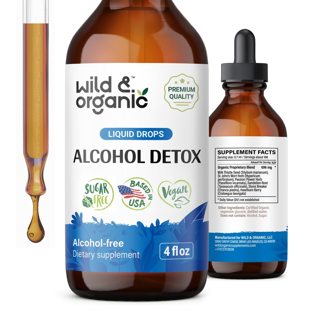 Dezintoxicare Wild & organică de alcool picături - ficat și rinichi Curățați cu muls de lapte, Chanca Piedra Stone Breaker - Complex antialcool pentru ficat Cleanse Detox - Vegan, fără zahăr și aditivi - 4 fl oz
