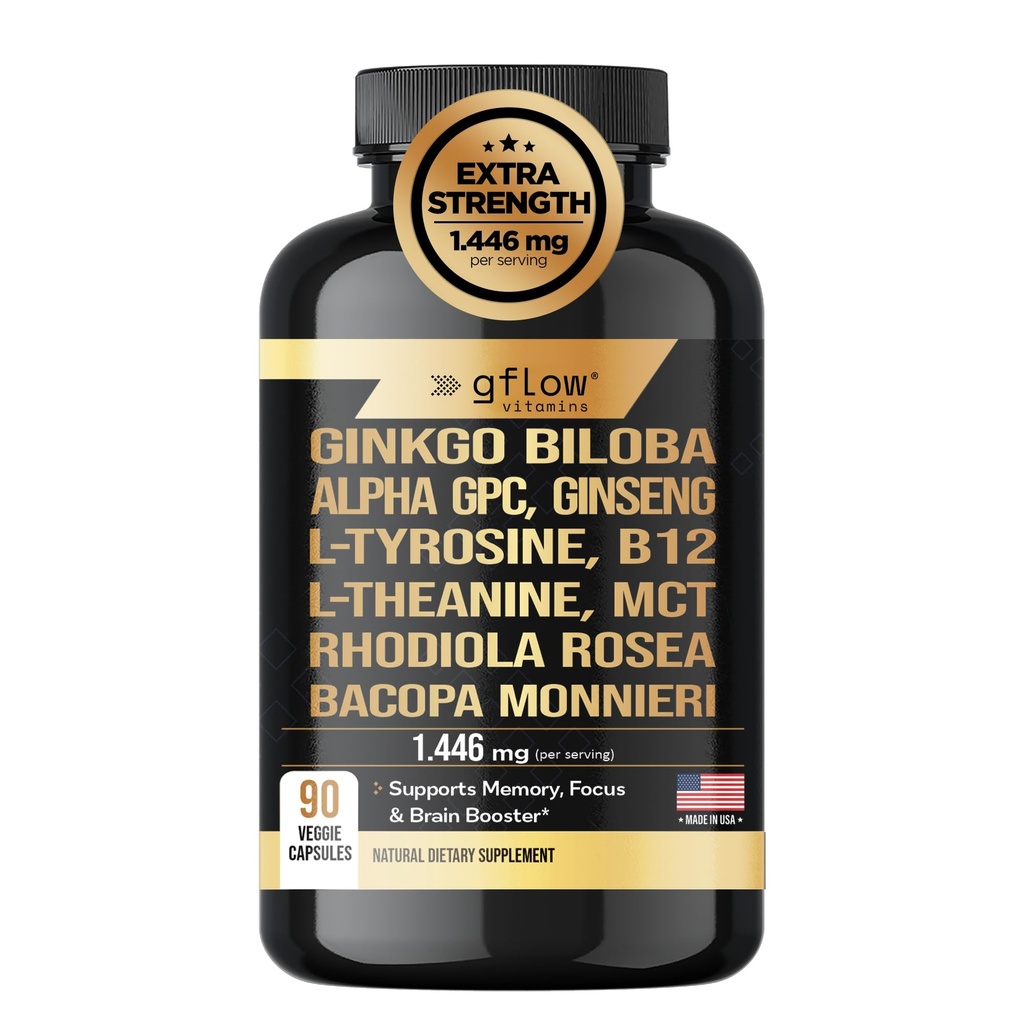Ginkgo Biloba Alpha GPC Supliment cu Panax Ginseng L Tyrosine cu L Theanine, Bacopa monnieri, Rhodiola Rosea, Fosfatidilserină, B12, MCT, DMAE - Complex 
