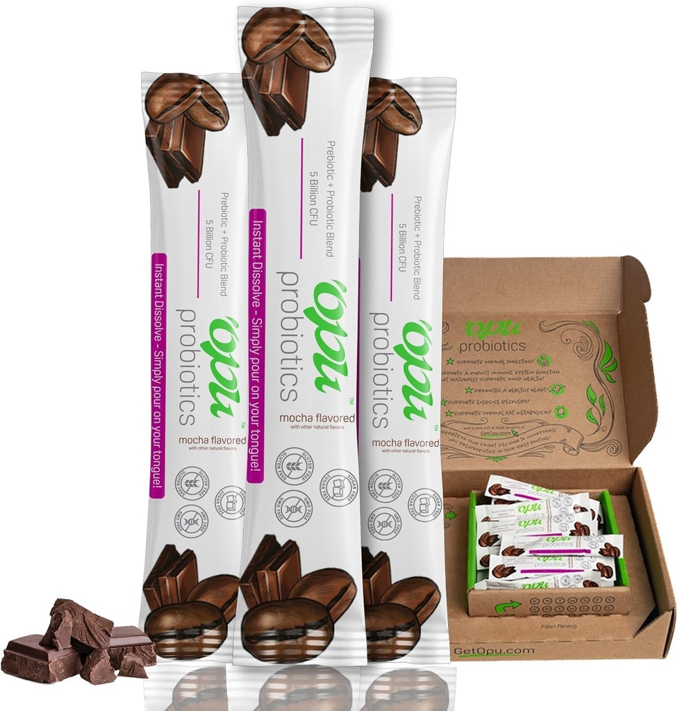 "Opu Probiotics Mocha Instant-Dizolvare - O lună de aprovizionare - 5 miliarde CFU - Bărbaţi, Femei şi Copii w/Prebiotice Zahăr fără gluten, fără OMG-uri