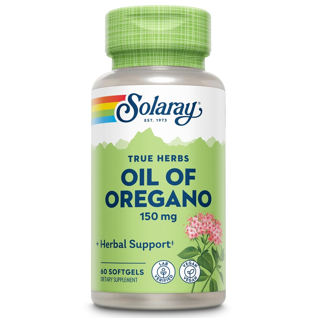 SOLARAY Ulei de Oregano Softgels 150 mg - Oregano Suplimentul de ulei pentru suport puternic Wellness - Gentle Digestion - Extra Virgin Olive Oil Base - Vegan, 60-Day Guarantee - 60 Serviri, 60 Softgels