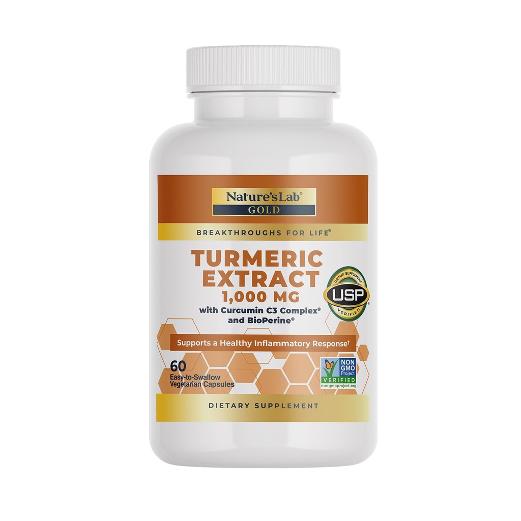 Extract de turmeric de laborator al naturii cu Curcumin C3 & BioPerine 1000mg - Promovează sănătatea cardiovasculară, digestivă și imună - 60 capsule (30 zile de aprovizionare)
