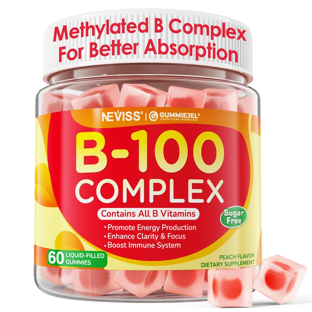 Super Vitamina B Complex Gummies - Toate vitaminele B, inclusiv metil B12, B1, B2, B3, B5, B6, Biotina, Methylfolat cu vitamina C, colină, Inositol, PABA pentru energie, Brain & Immune Support, Zahăr gratuit