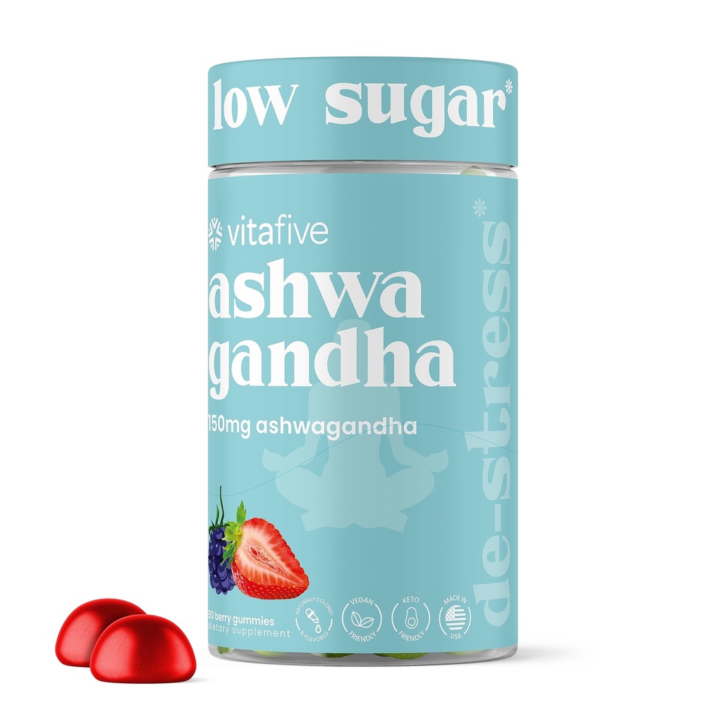 Vitafive Ashwagandha Gummies with Vitamin B12, Ashwagandha Gummies for Men and Women, Vegan, Gluten Free (50 Ct)