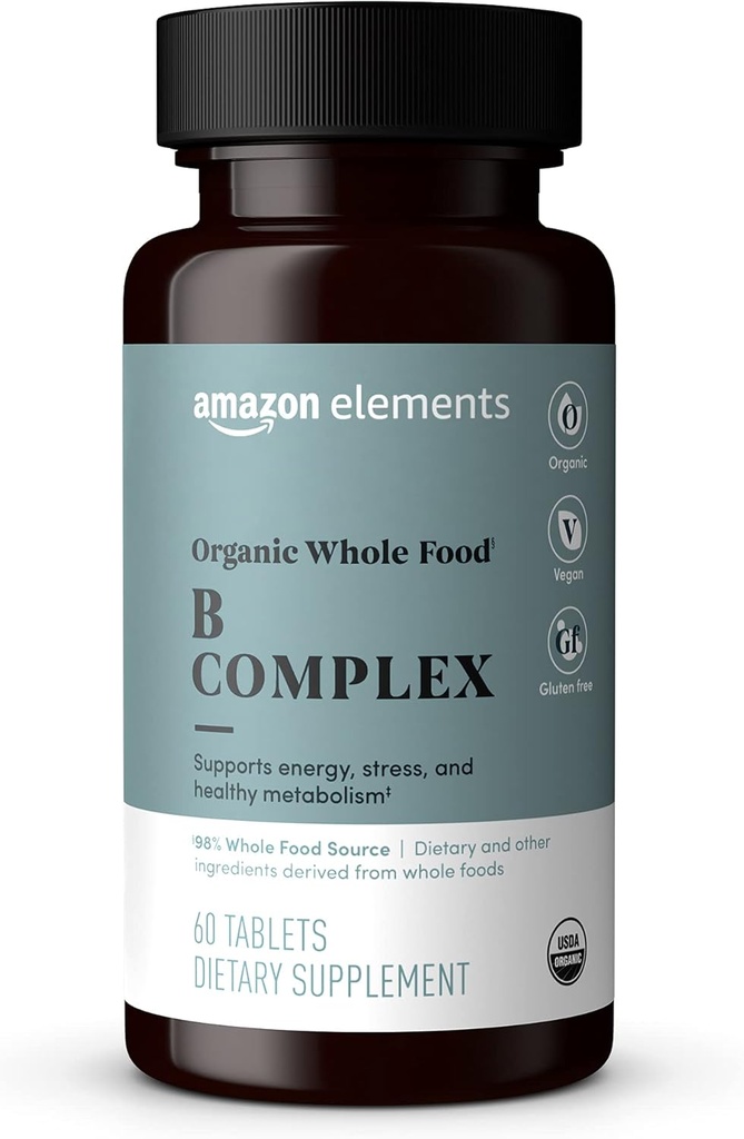Amazon Elemente Organic Whole Food B Complex, 98% Whole Food Source, Dietary și alte ingrediente derivate din alimente integrale, 60 comprimate