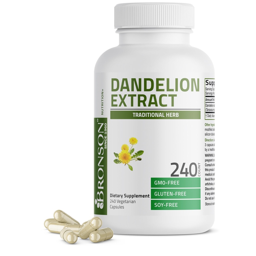 Bronson Dandelion Root Supliment de mare potenta, sustine in general buna sanatate si bine-fiinta, traditional Diuretic Herb - non-GMO, 240 Capsule vegetariene