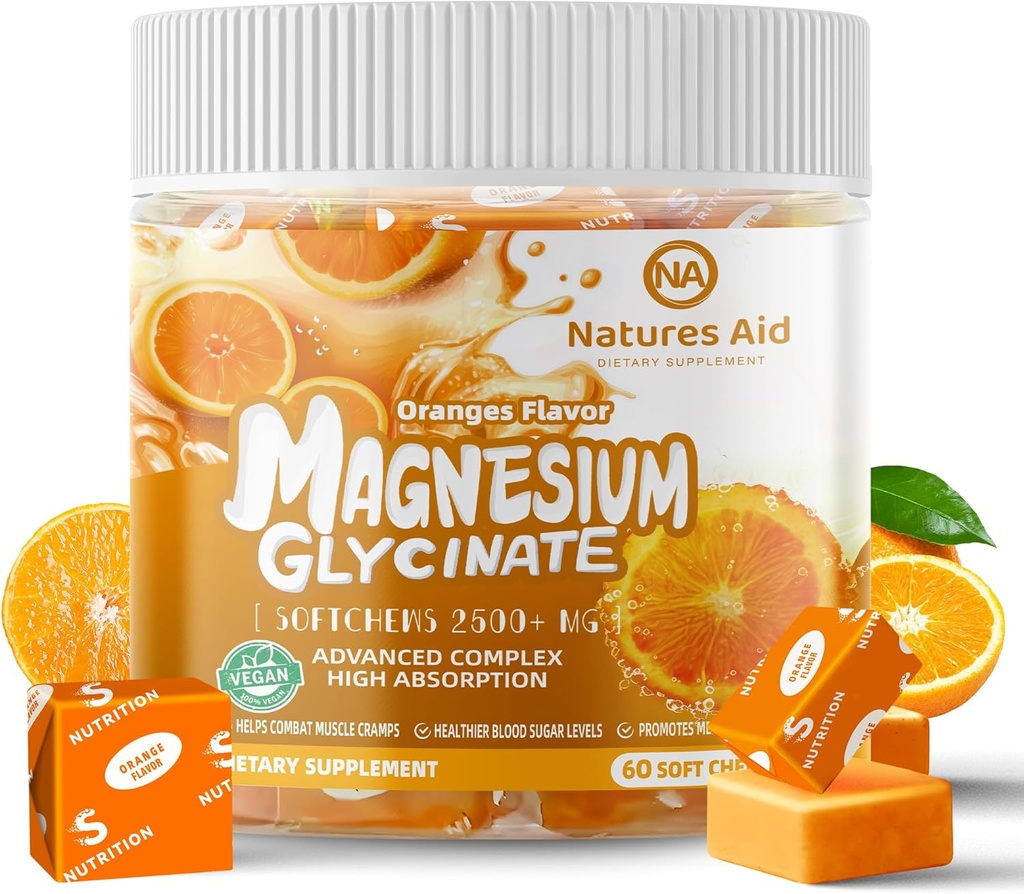 Magneziu Glycinate Soft Chews Supliment,Zahăr masticabil Free Potasiu Magneziu Chews cu magneziu Glicinat, Vitamina D, B6 și CoQ10 pentru suport calm și somn pentru adulți,60 zile de aprovizionare-Orange