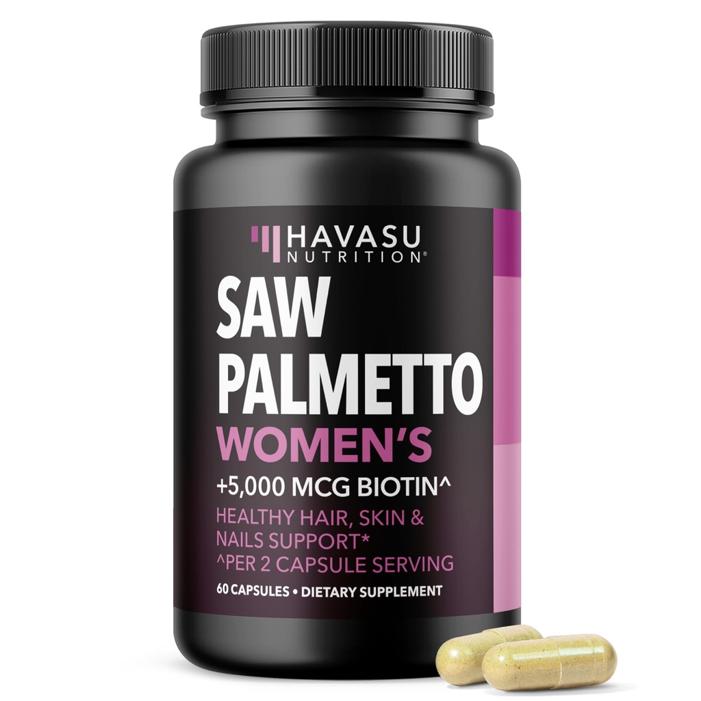 Saw Palmetto pentru femei cu Biotin 5000mcg - puternic DHT Blocker pentru a sprijini parul, pielea, si sanatatea unghiilor - 60 Conte - Vegan, non-GMO Vitamina pentru mai puternic, Fuller Locks cautati - 1 lună de aprovizionare