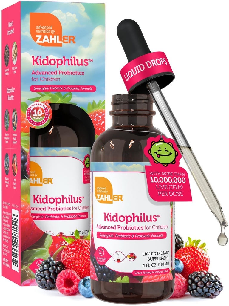 Zahler - Kidofil lichid picături Probiotice pentru copii (4 Fl Oz) Certified Kosher copii Probiotic pentru Digestie sanatoasa si suport imunitar - fructe Punch aroma pentru copii Probiotice supliment