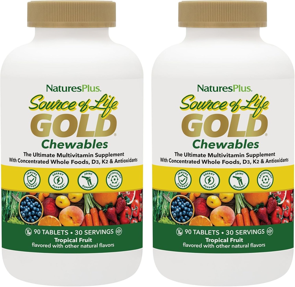 NaturasPlus Sursa de viață aur Multivitamine - 90 comprimate masticabile, pachet de 2 - cu vitamine D3, B12, K2 & mai mult 120 alimente întregi - sânge, suport osos și imunitar - gluten gratuit - 60 Serviri totale