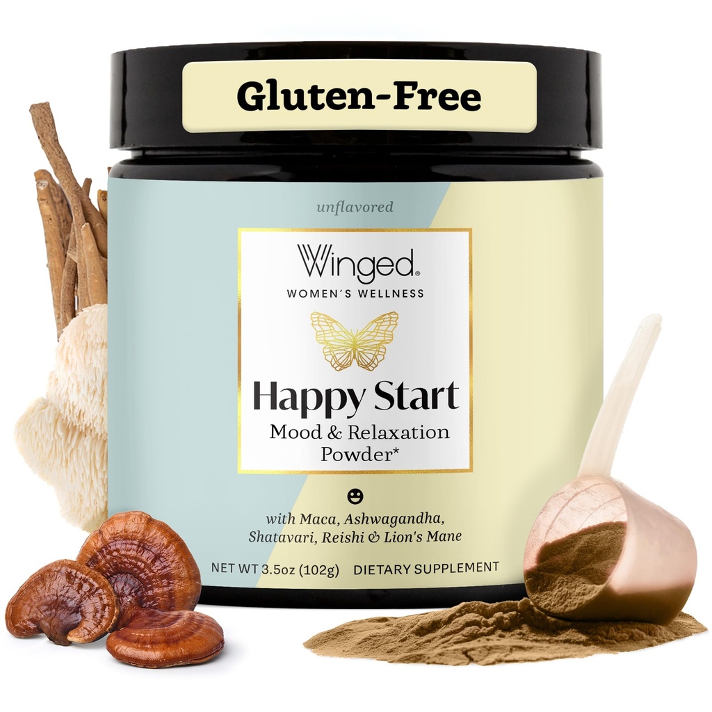 Winged Wellness Happy Start, Mood Boosing Drink Mix Powder pentru femei - Happy Mind & Hormonial Health, Mood Supplement with Red Maca, Ashwagandha, Ciuperci & More - Ciocolată, 30 Serviri