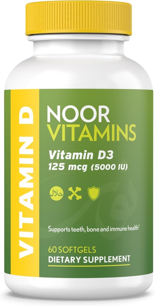 Noor Vitamine Halal Vitamina D, Halal Vitamina D3, 5000 UI Softgels, Suportă Bone, Imun & Heart Health, de la Saffflower Ulei la Maximize Absorbtion, Non-GMO, Gluten Free & Halal (60 Count)...