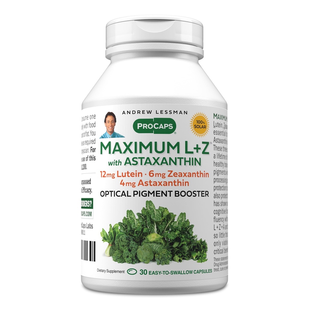 ANDREW LESSMAN Maximum L+Z cu Astaxanthin 30 Softgels - 12mg Lutein, 6mg Zeaxantină, 4mg Astaxantină. Nutrienți cheie pentru a sprijini ochi și sănătatea creierului, și să promoveze viziune sănătoasă.