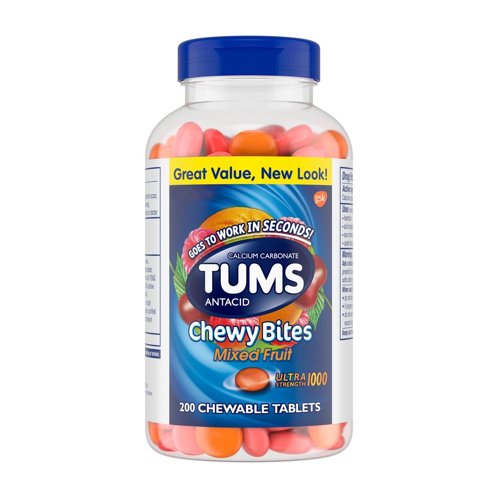 TUMS Chewy Bites Chewable Antiacid comprimate pentru Ultra Putere Arsuri la stomac Relief, mare pentru o vară BBQ- fructe mixte - 200 Conte