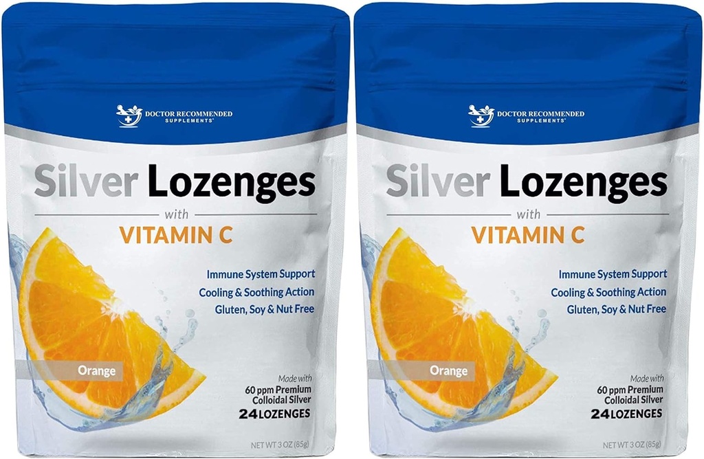 Silver Lozenges cu vitamina C - Premium Nano Silver 60 PPM Argint coloidal, Miere organică și vitamina C Suplimentul mineral picături pentru a sprijini sistemul imunitar, Soothe Tuse și gât - pachet de 2