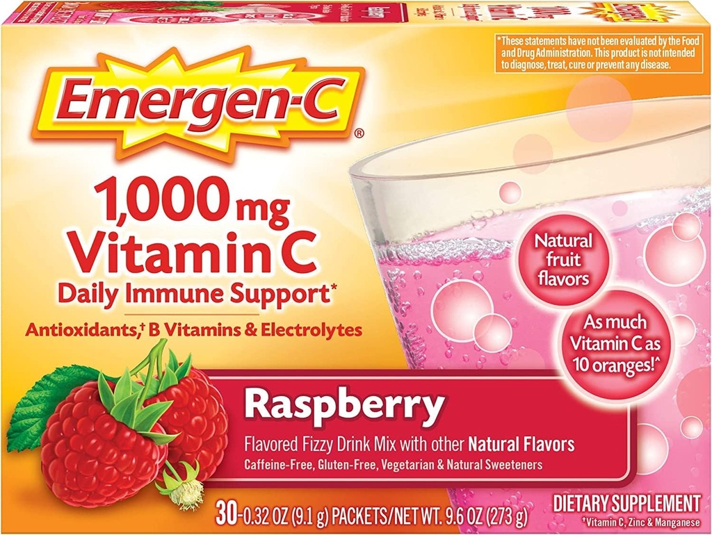 Alacer Emergen-C Vitamina C Fizzy Drink Mix Raspberry - 1000 Mg - 30 Pachete