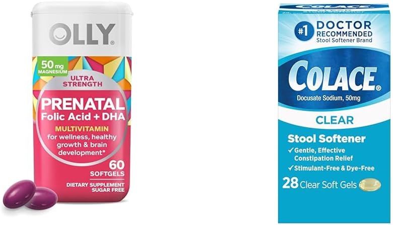 OLLY Ultra Putere Multivitamine Prenatale Softgels cu suport pentru dezvoltarea creierului + Colace Clear Stool Softener Capsule, 28 Conte