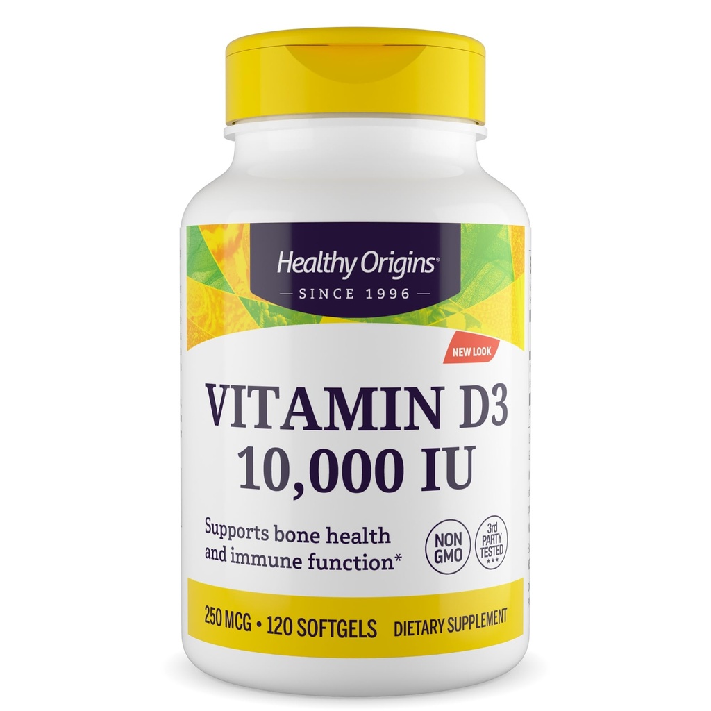 Origine sănătoasă Vitamina D3 10000 UI (non-GMO, potenţă ridicată, suport osos, suport imun, gluten gratuit), 120 Softgels