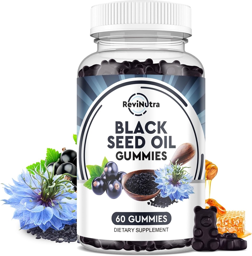 Black Seed Oil Gumries-Organic Cold presat Nigella Sativa Black Seed Oil cu miere, Vitamina B6, C, D3, Turmeric, rodie, Suport Imunitate, Digestie, Functia Creierului, Păr & Skin-60 Gumies