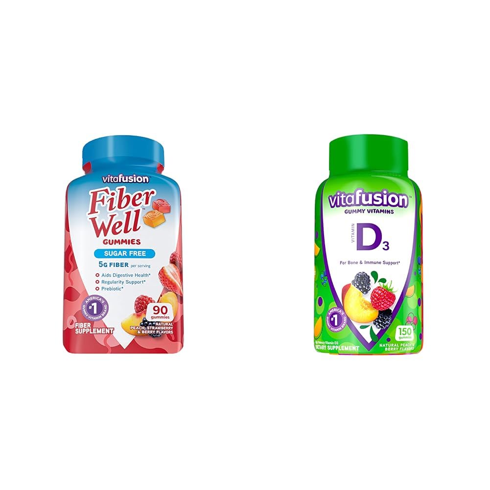 Vitafusion Fiber Well Sugar Free Fiber Supplement & Vitamina D3 Gummy Vitamine pentru suport Bone and Immune System, Peach, Blackberry si Strawberry Flavored, 50 mcg Vitamina D, 75 zile de aprovizionare, 150 Conte