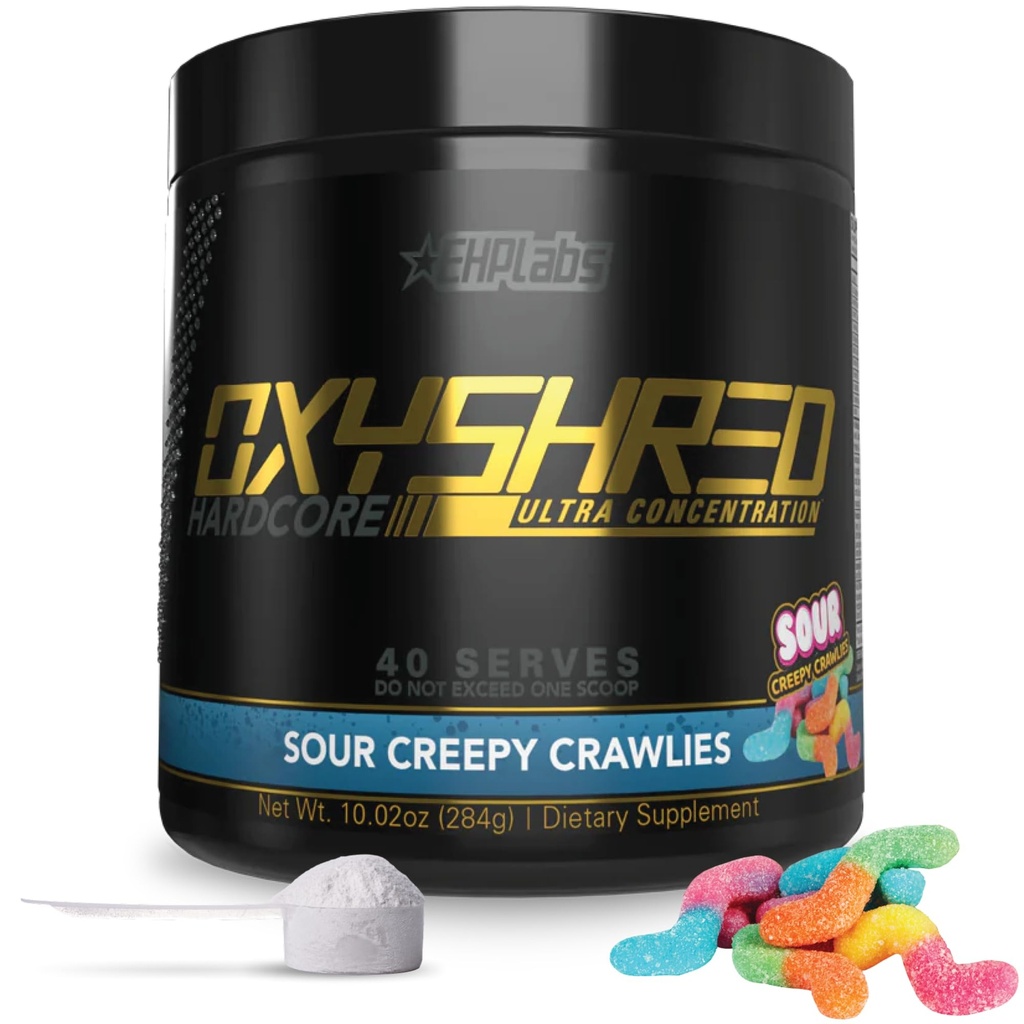 EHP Labs OxyShred Super dozate Pre Workout Pulbere - Preworkout Pulbere cu L Glutamina si Acetil L Carnitina, Energetic Boost Drink - 275mg de Caffeine - Sour Crawlies, 40 Serviri