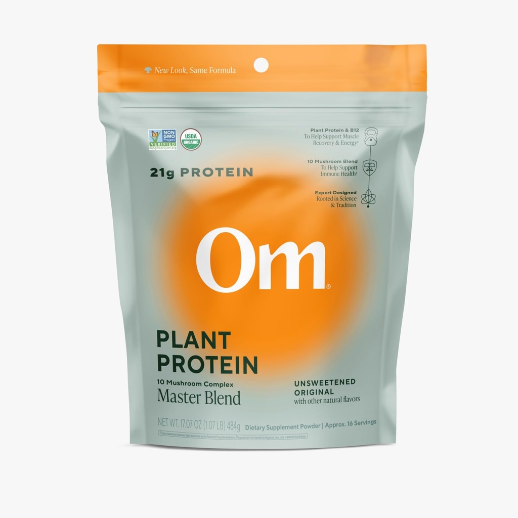 OM MUSHROOM SUPERFOOD Master Blend Pudră de proteine pe bază de plante (Geanta rezabilă (16 serviete), Proteină nearomatizată)