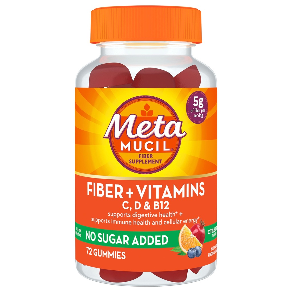 Metamucil Fiber Suplement 72 Gummies, Fibră + Vitamine C,D & B12 no Sugar Adăugat, Suport Digestive Vindecare + Suport Immune Health, Citrus Berry Flavor.