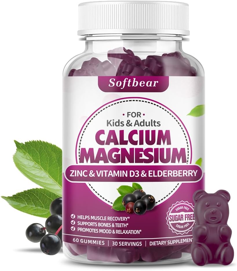 urs moale de calciu magneziu Gume de zinc pentru femei, supliment de magneziu de înaltă absorbţie de calciu pentru puterea oaselor, zahăr-gratuit, Vegan, aroma de soc 60 Gume