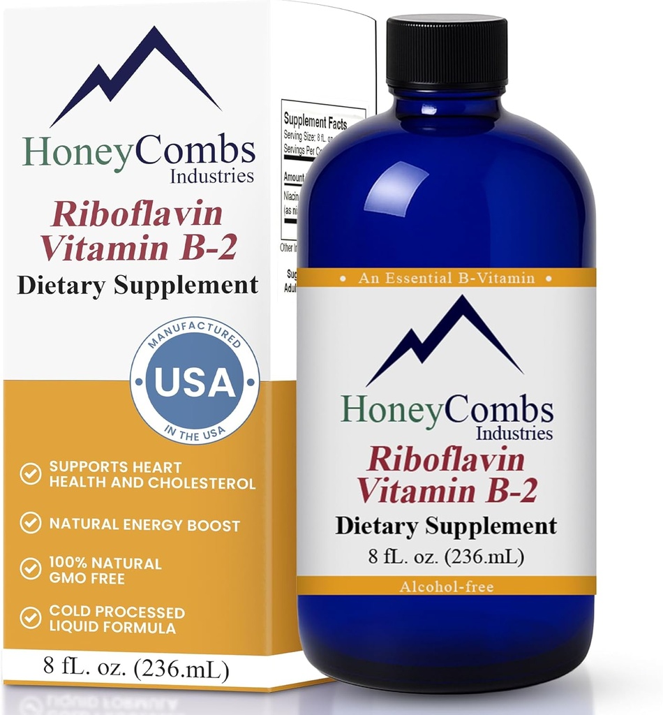 HoneyCombs Vitamina B2 Riboflavin Supliment Picături lichide - vitamina B2 de mare potențial pentru bărbați și femei - Mențineți digestia sănătoasă, sistemul nervos, păr, piele, unghii - vitamine lichide Vegan (8 Fl oz)