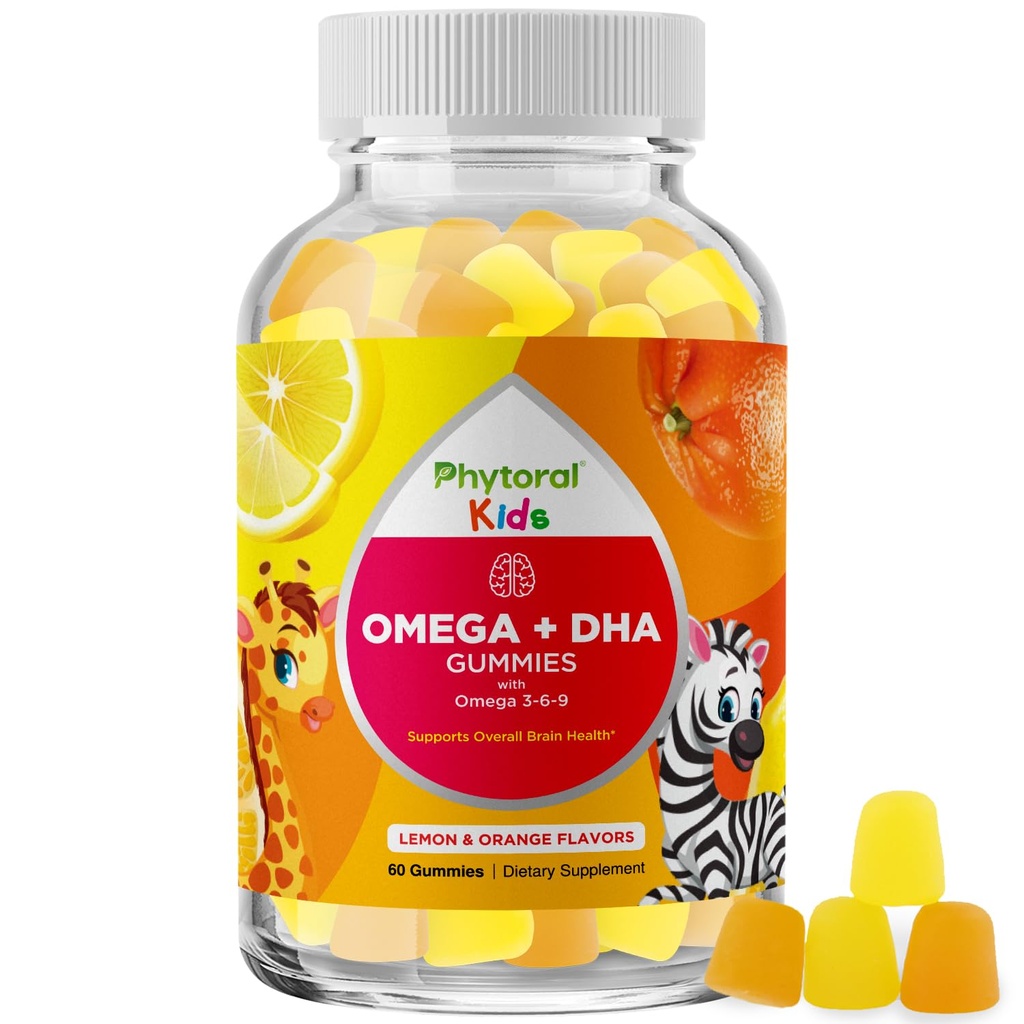 Copii Omega și Gume DHA - acizi grasi Omega 3 6 9 cu vitamina C pentru viziune - DHA nutrițional pentru copii pentru sistem nervos sănătos și de sprijin focal - Fish Free - 60 Conte