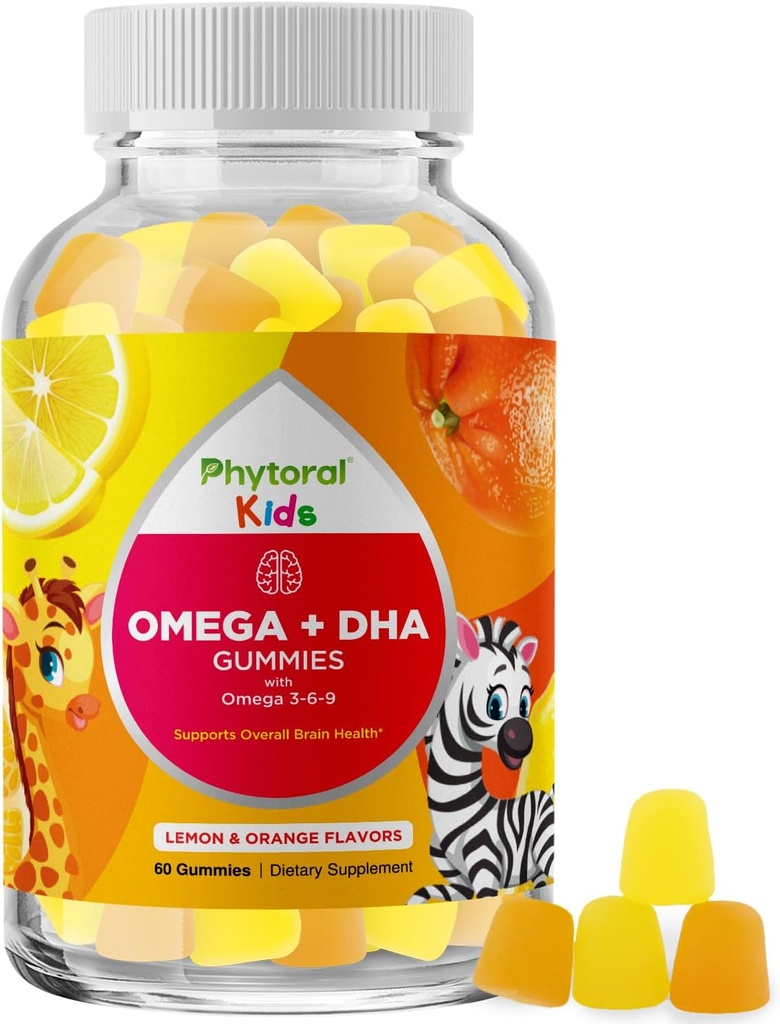 Kids Omega DHA Gummies - Fatty Acids Omega 3 6 9 with Vitamin C for Brain, Immunity & Vision - Nutritional DHA for Kids for Healthy Nervous System & Focus Support - Fish Free & Vegan - 60 Chews