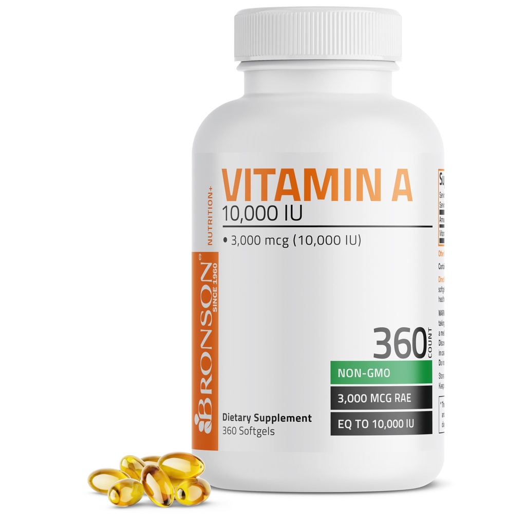 Bronson Vitamina A 10000 UI Premium Formula non-GMO susţine o viziune sănătoasă şi sistemul imunitar şi creşterea sănătoasă şi reproducerea, 360 Softgels