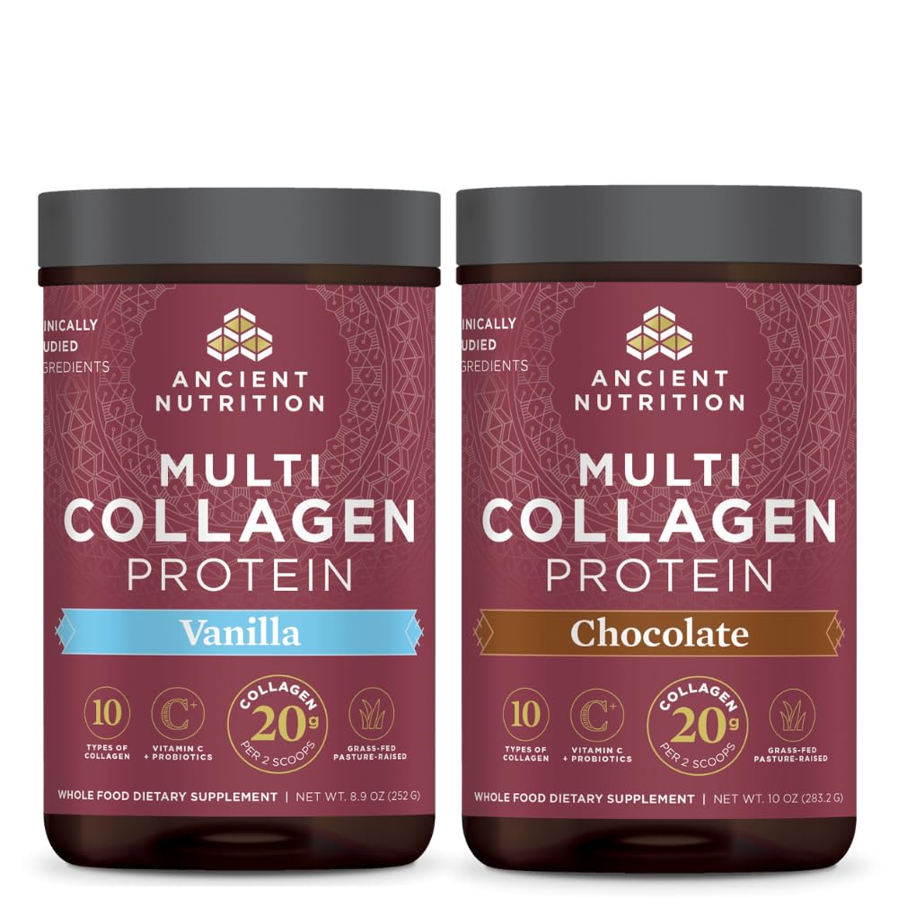 Nutritie antica Multi Colagen Pulbere Proteina, Vanilie, 24 Serviri + Multi Colagen Pulbere Proteina, Ciocolata, 24 Serviri