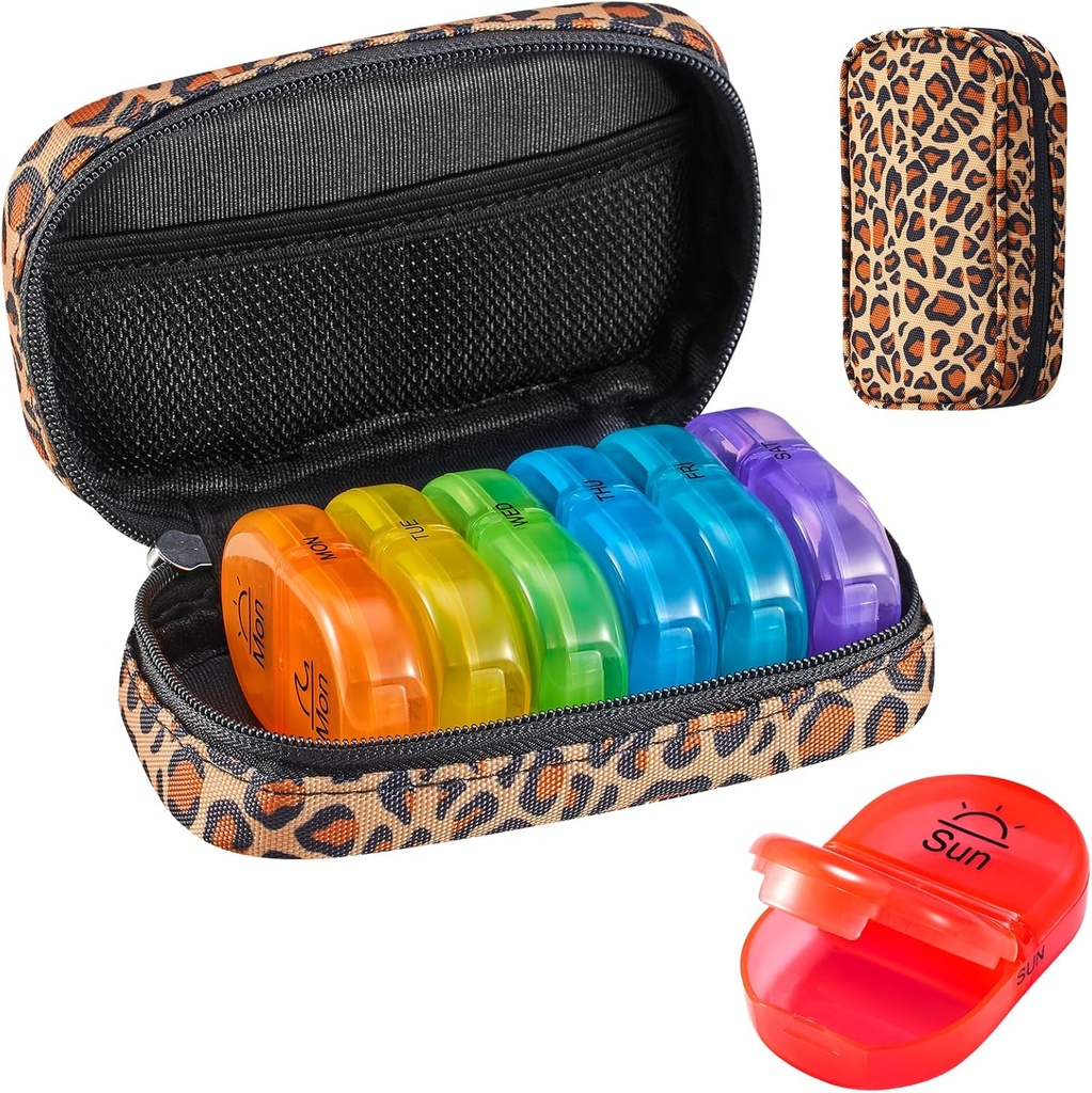Serfeymi Weekly Travel Pill Organizator 2 Times A Day AM PM Upgraded Rainbow Pilula Box 7 Ziua cu Portable Zipper Canvas Pill Case, Medicina Organizator pentru pastile, vitamine, uleiuri de pește - Brown 01