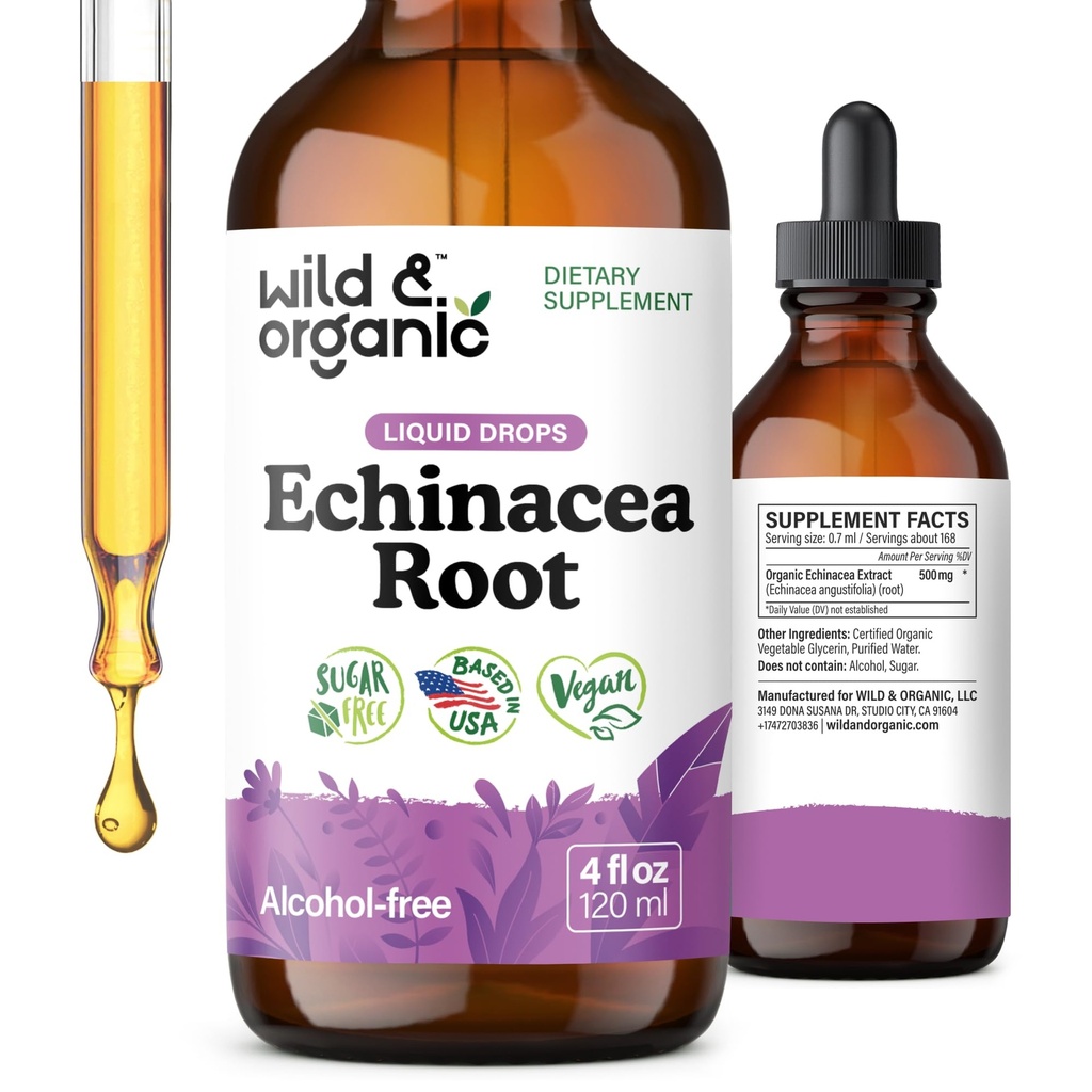 Picăturile de echinacea sălbatică și organică - Suplimentul de sprijin imun cu Echinacea Angustifolia - Extract de rădăcini lichide Tinctură - Vegan, zahăr și alcool-Free - 4 fl oz