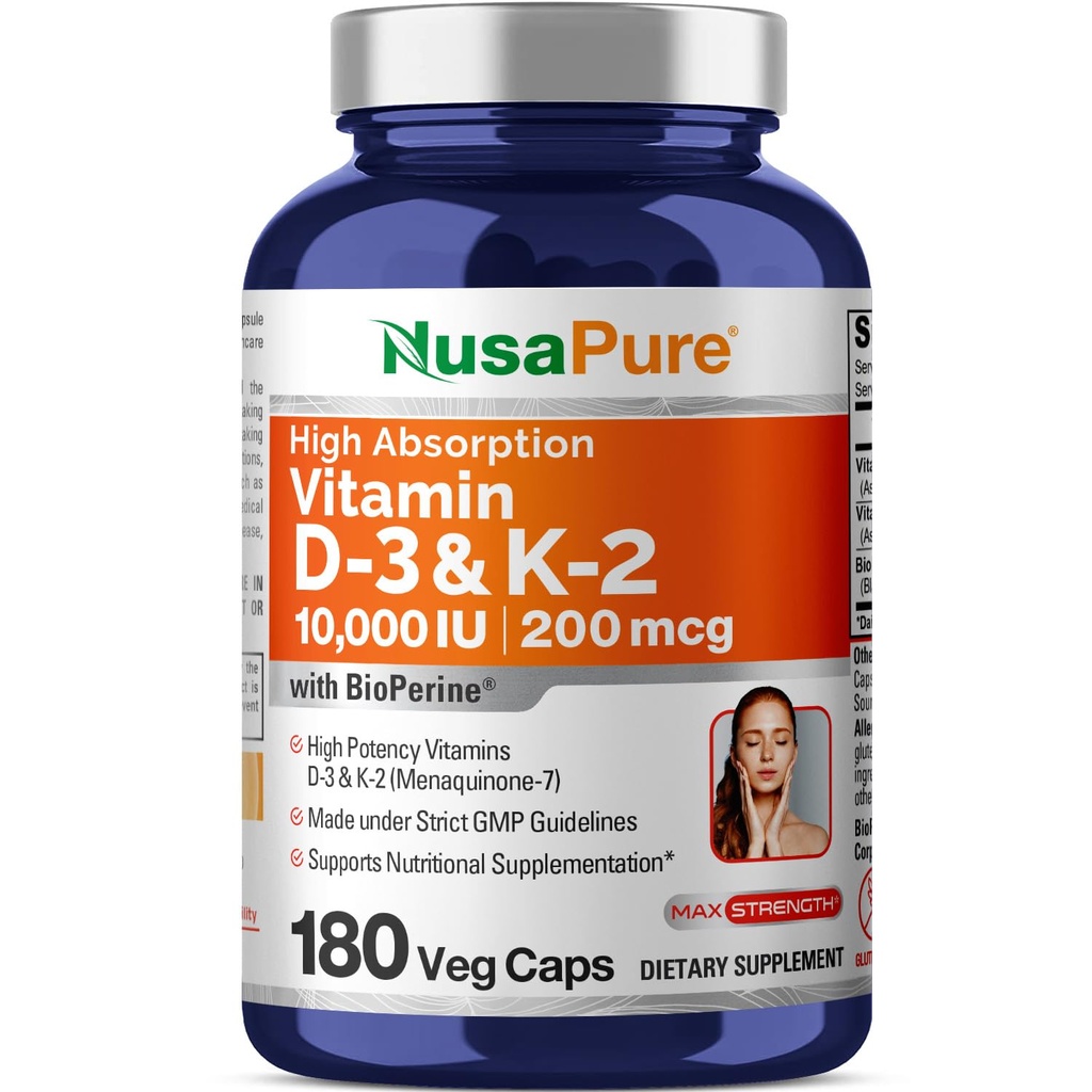 NusaPure Vitamina K2 (MK7) (200mcg) + Vitamina D3 (10000 UI) 180 Veg Caps - Bioperină, Soyfree, Non-GMO