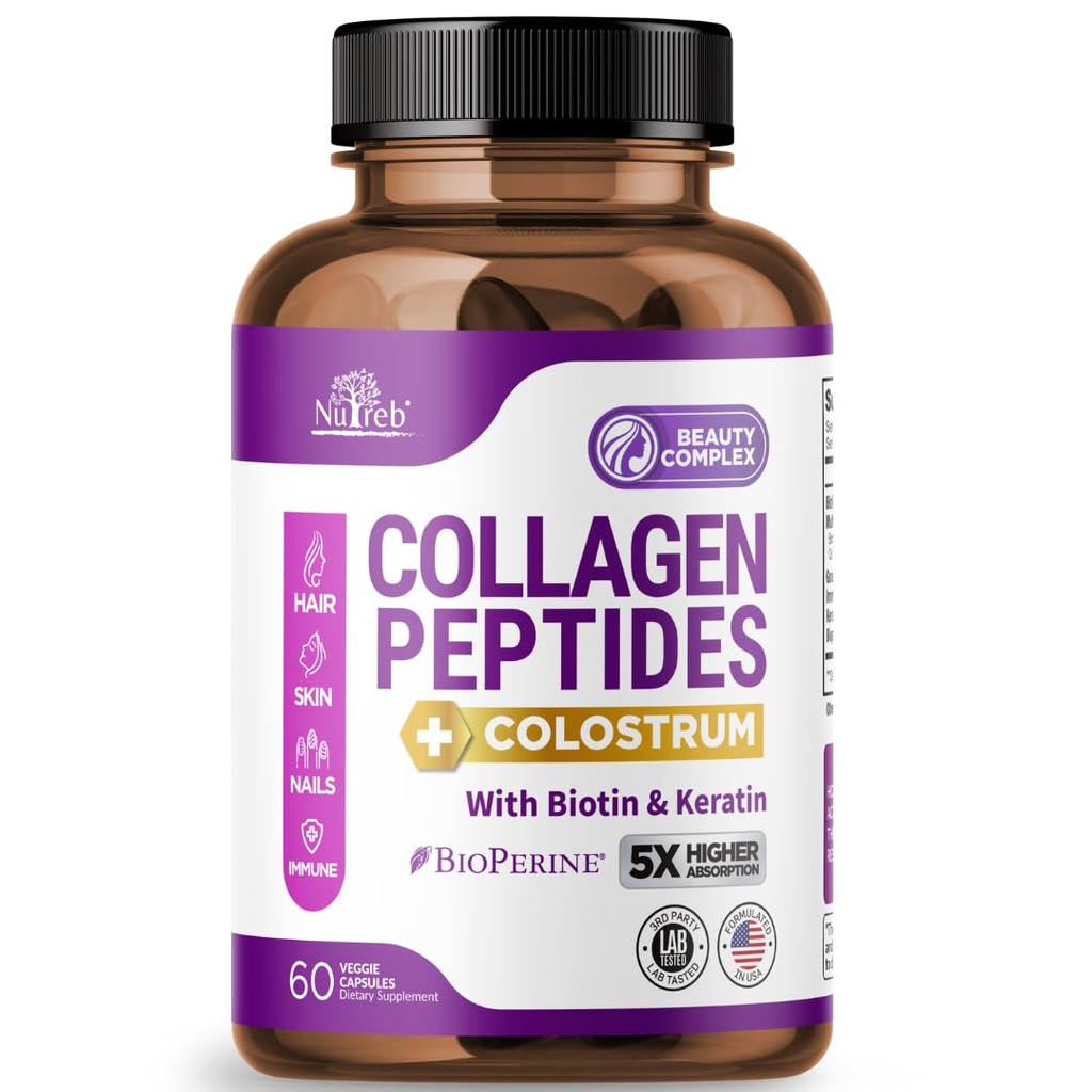 Colagen Peptides pentru femei cu Colostrum, Biotina si Keratina - Tip I, II, III, V, X - 5X Absorbtie superioara - Piele de par si unghii Vitamine - Colagen pentru femei - Colagen pastile - 60 capsule