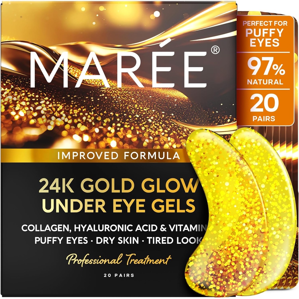 MAREE 24k aur sub ochi Geluri pentru cercuri întunecate și pufos - Colagen & Acid hialuronic Gel de îngrijire a pielii Pad-uri - petice ochi de aur pentru ochi pufos și cercuri întunecate - sub măști ochi - esențiale de călătorie