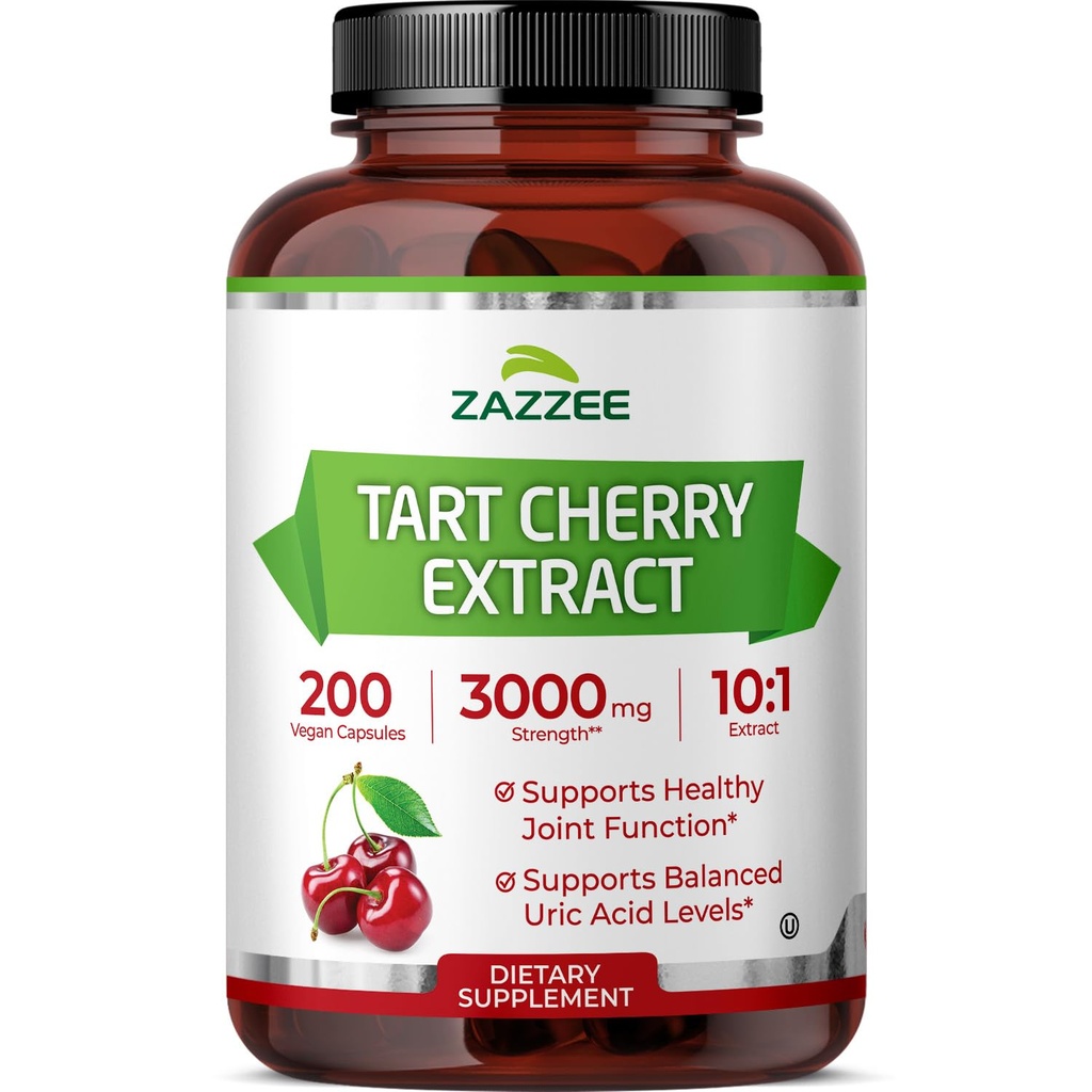 Zazzee Tart Cherry 10:1 Extract, 3000 mg Putere, 200 capsule Vegan, 6+ Luna de aprovizionare, Certified Kosher, concentrat și standardizate 10X Extract, 100% vegetarian, All-Natural, Gluten gratuit, Non-GMO